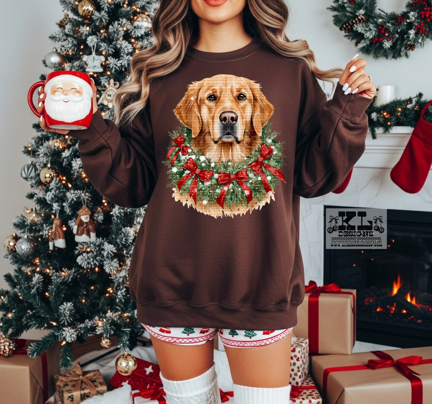 Golden Retriever - Watercolor Christmas Bow Wreath