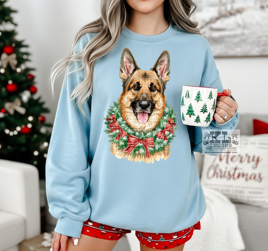 German Shepherd - Watercolor Christmas Bow Wreath
