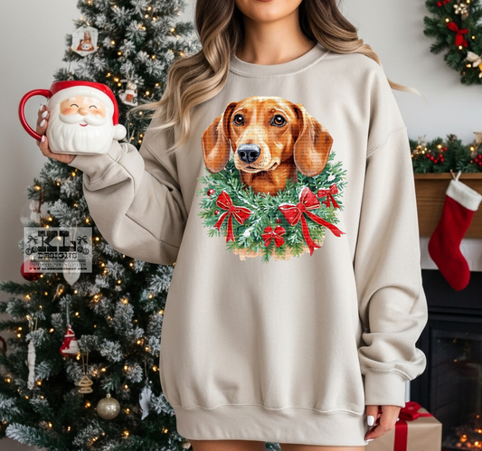 Dachshund/Red- Watercolor Christmas Bow Wreath