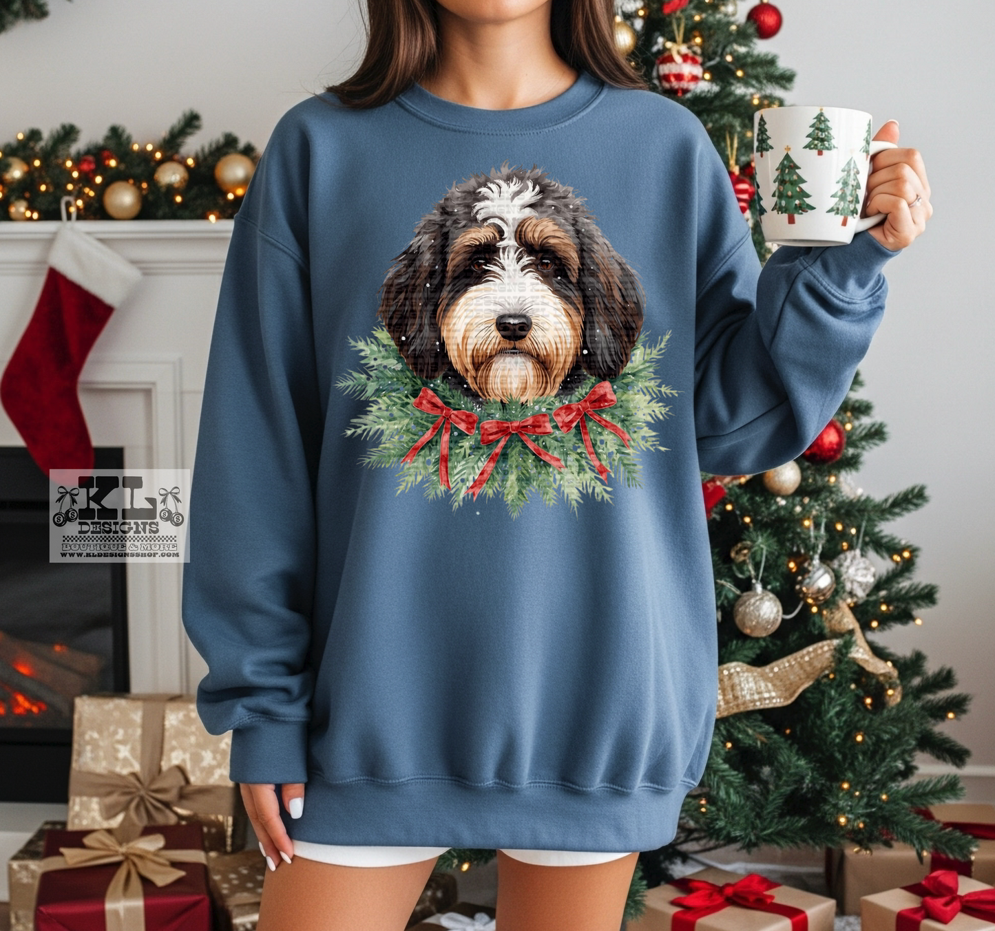 Bernedoodle - Watercolor Christmas Bow Wreath