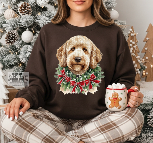 Golden Doodle - Watercolor Christmas Bow Wreath