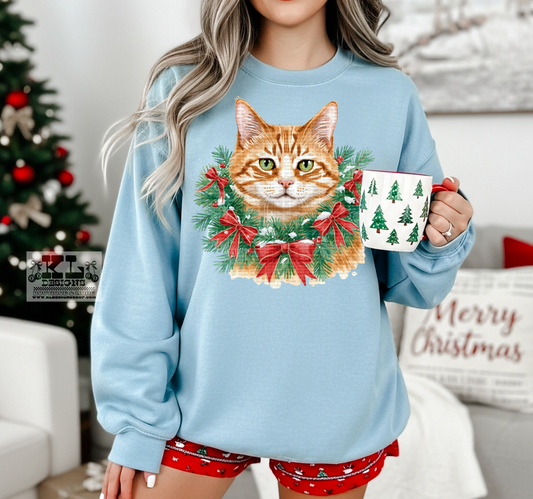 Orange Cat - Watercolor Christmas Bow Wreath