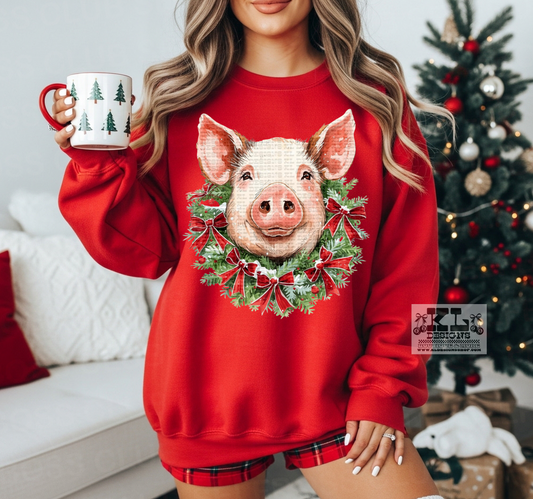 Pig - Watercolor Christmas Bow Wreath