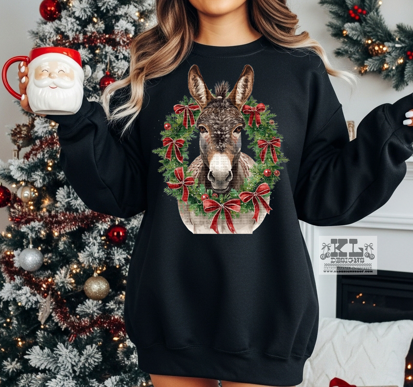 Donkey - Watercolor Christmas Bow Wreath