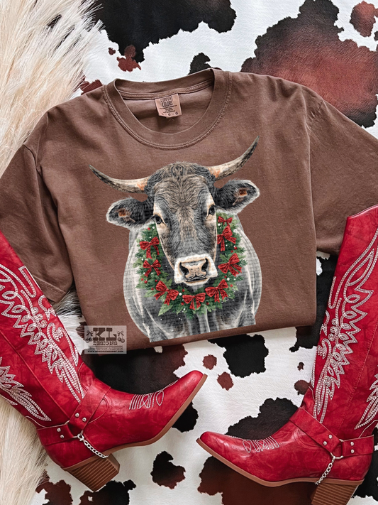 Grey Cow - Watercolor Christmas Bow Wreath