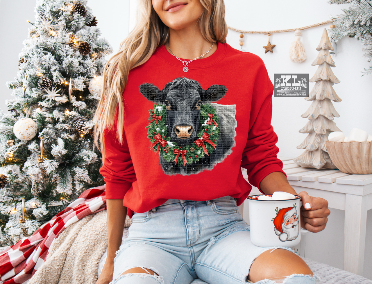 Black Cow - Watercolor Christmas Bow Wreath