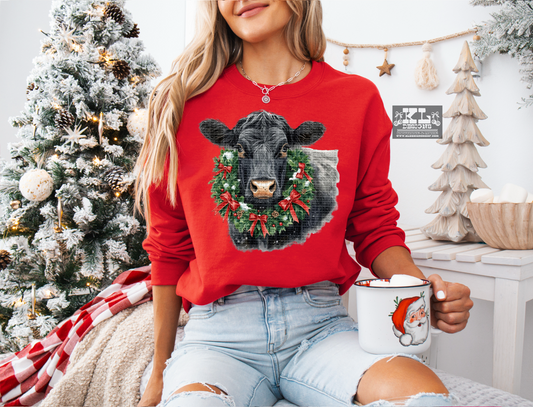 Black Cow - Watercolor Christmas Bow Wreath