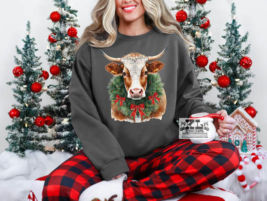 Red/White Cow - Watercolor Christmas Bow Wreath