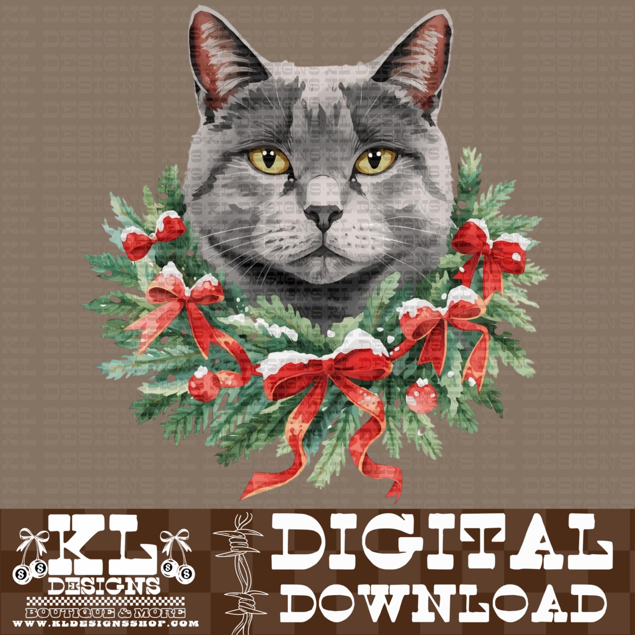 Christmas Grey Cat Wreath Watercolor Portrait | Digital Download