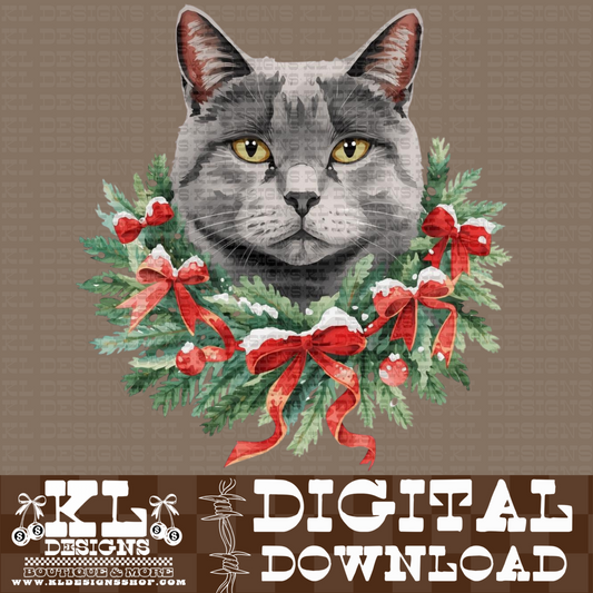Christmas Grey Cat Wreath Watercolor Portrait | Digital Download