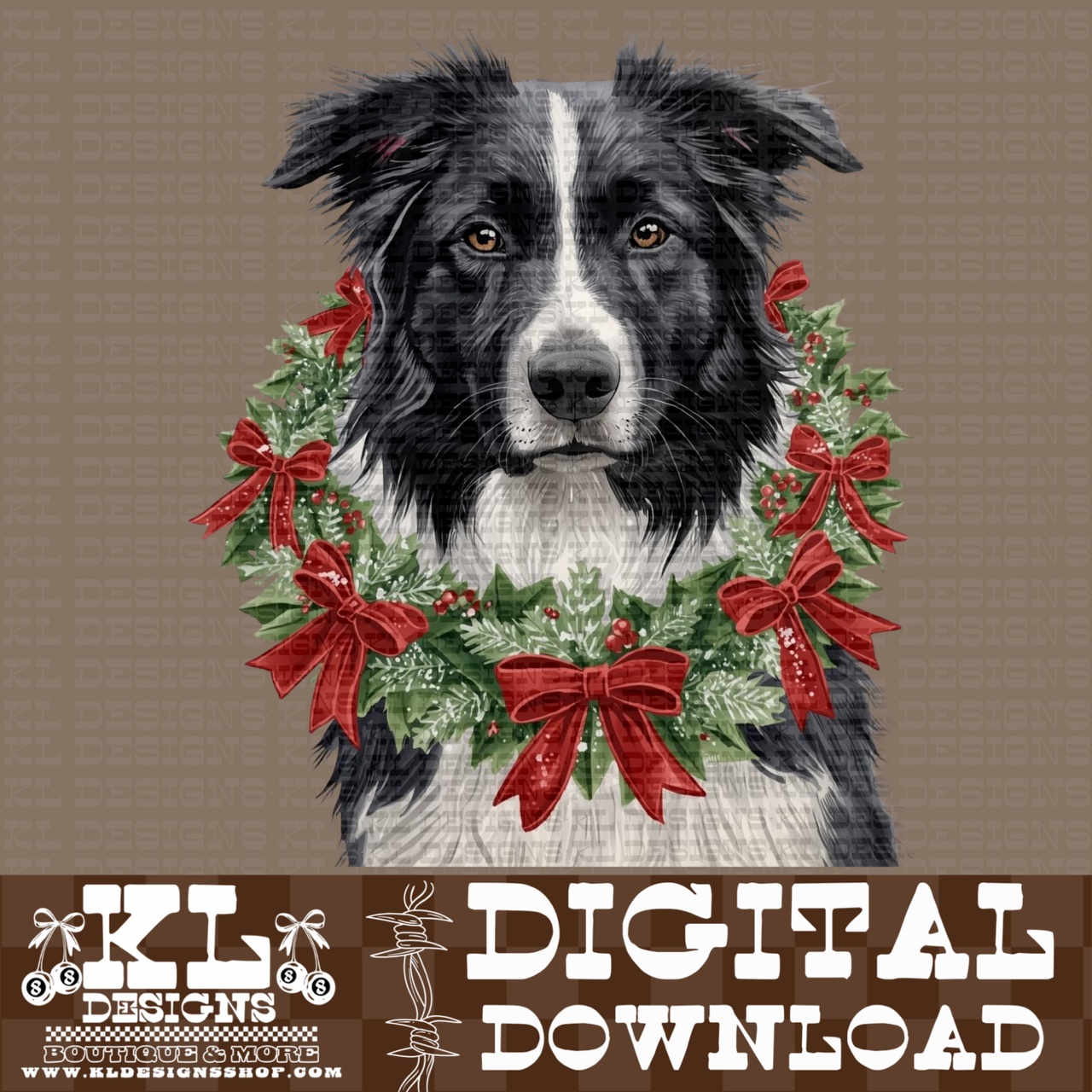 Christmas Black&White Australian Shepherd Wreath Watercolor Portrait | Digital Download