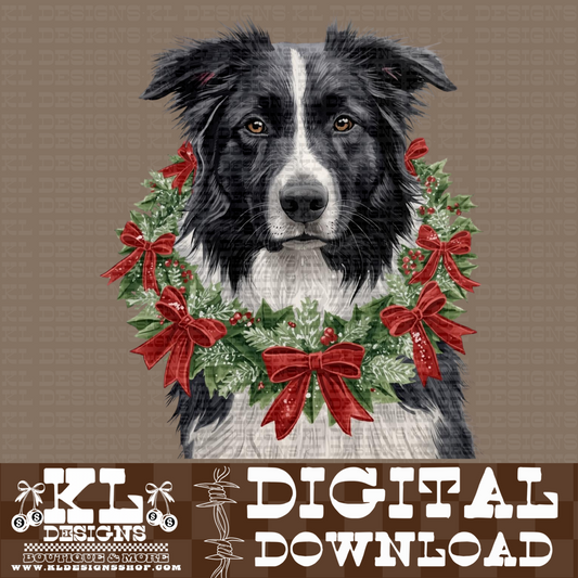 Christmas Black&White Australian Shepherd Wreath Watercolor Portrait | Digital Download