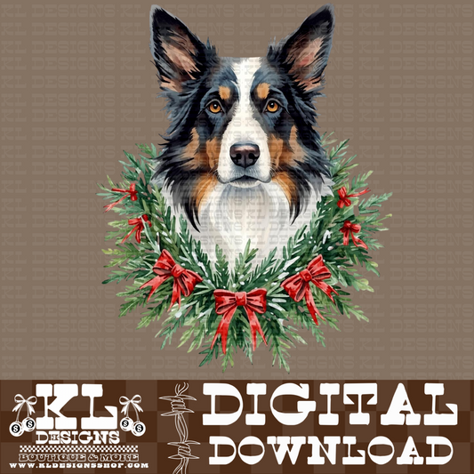 Christmas Border Collie Wreath Watercolor Portrait | Digital Download