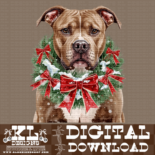 Christmas Tan/White Pitbull Wreath Watercolor Portrait | Digital Download
