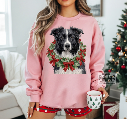 Australian Shepard Black/White- Watercolor Christmas Bow Wreath