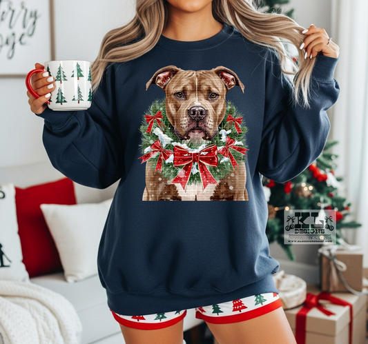 Pitbull Brown/White - Watercolor Christmas Bow Wreath