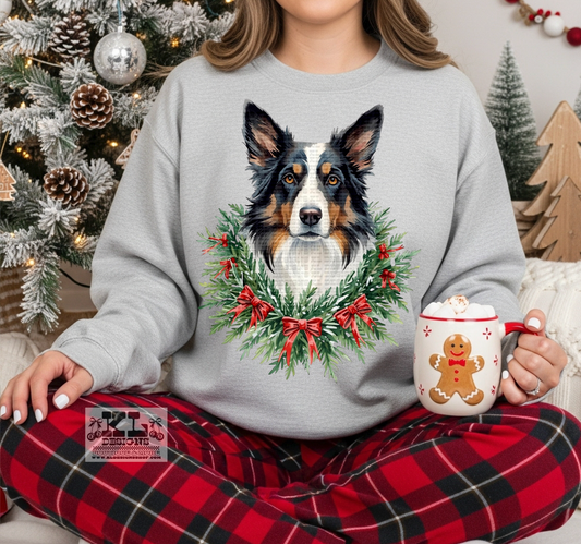 Border Collie - Watercolor Christmas Bow Wreath