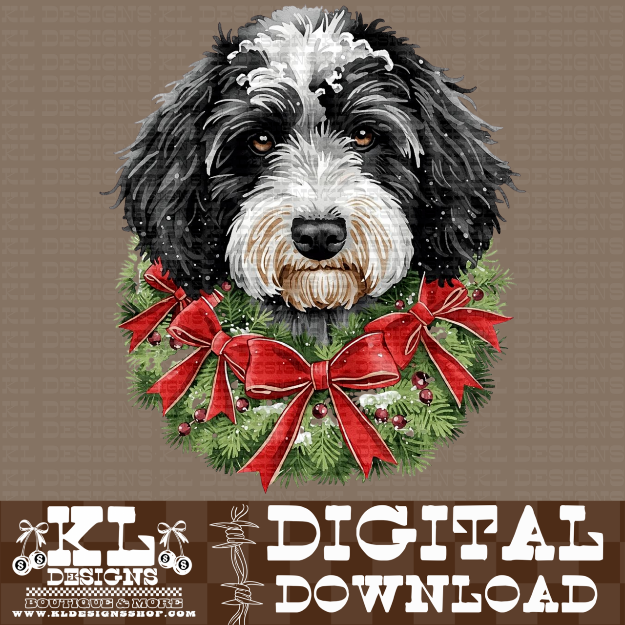 Christmas Black/White Doodle Wreath Watercolor Portrait | Digital Download