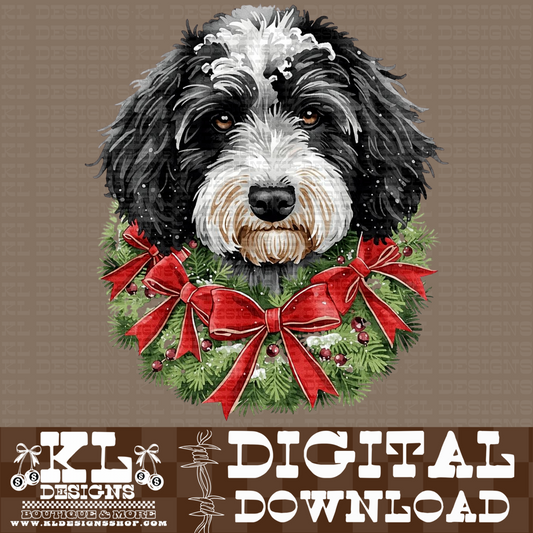 Christmas Black/White Doodle Wreath Watercolor Portrait | Digital Download