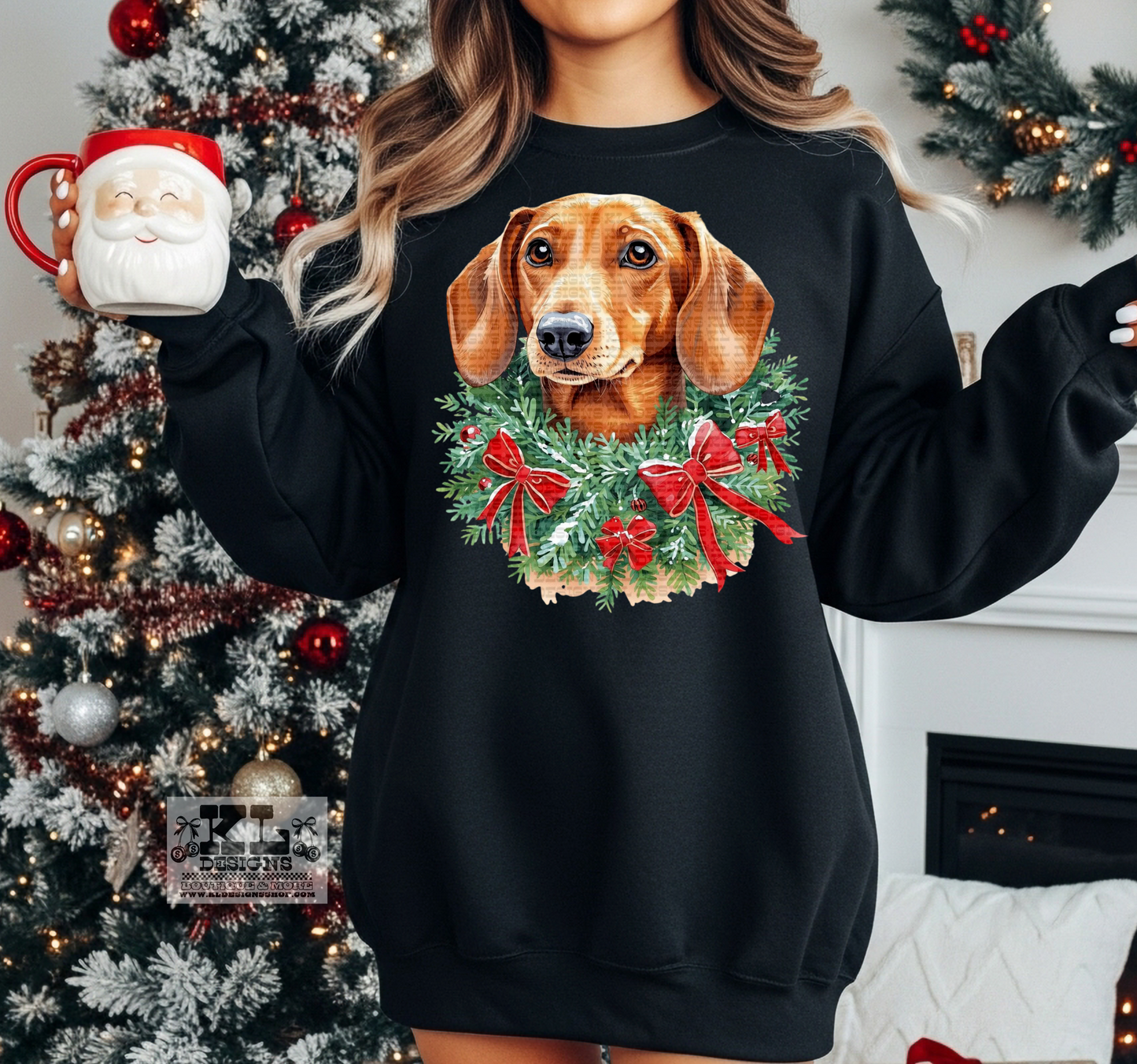 Dachshund/Red- Watercolor Christmas Bow Wreath