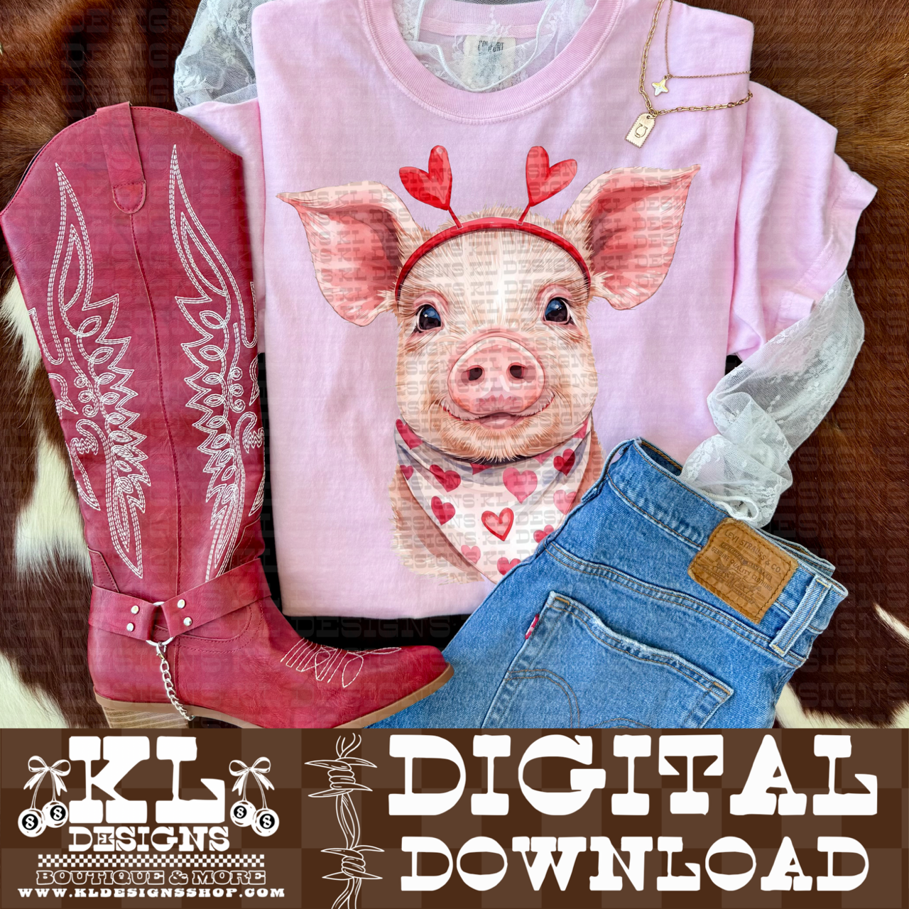 Valentine Pig Watercolor Portrait | Digital Download