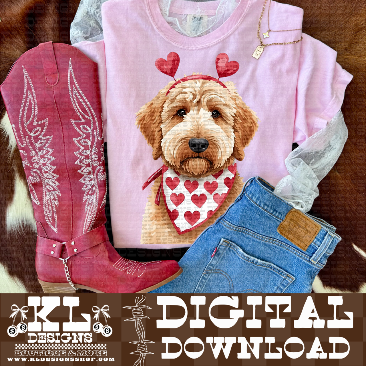 Valentine Golden Doodle Watercolor Portrait | Digital Download