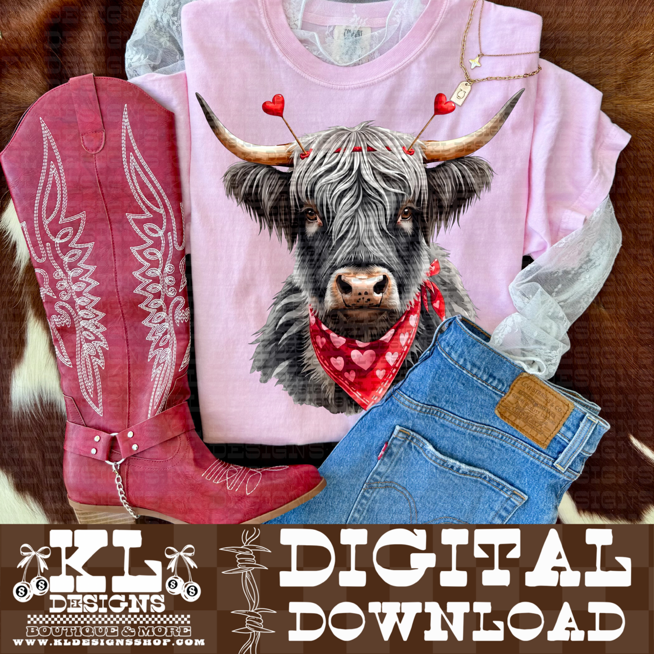 Valentine Highland Cow Watercolor Portrait | Digital Download