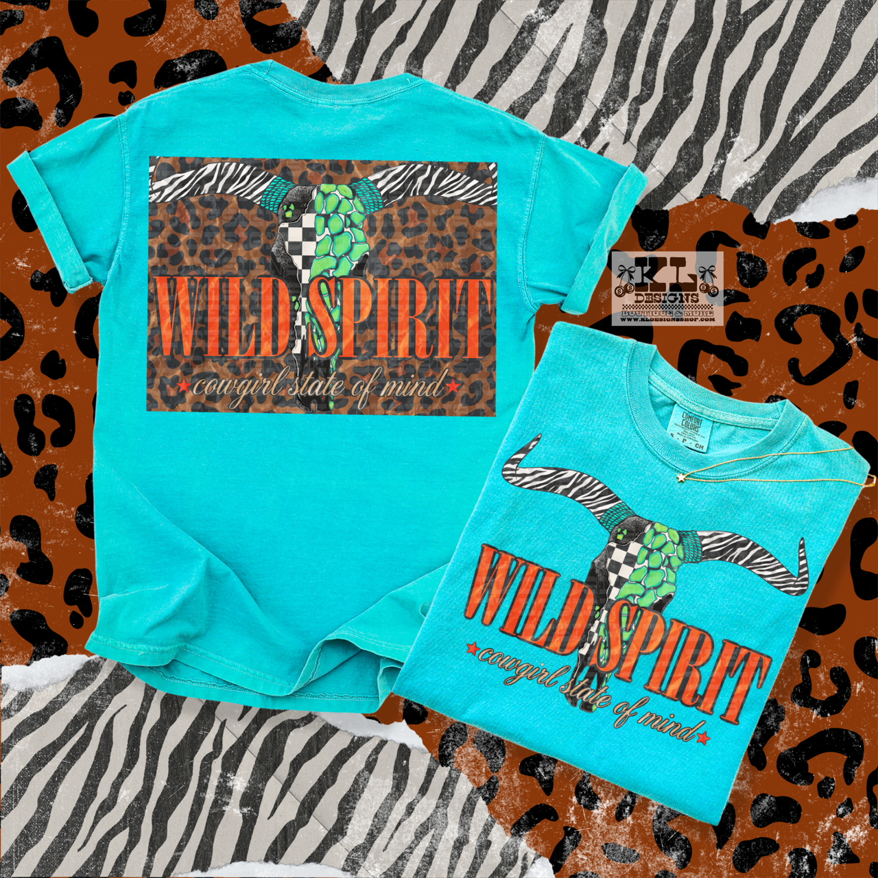 Animal Print Wild Spirit Bull Skull  - Front & Back