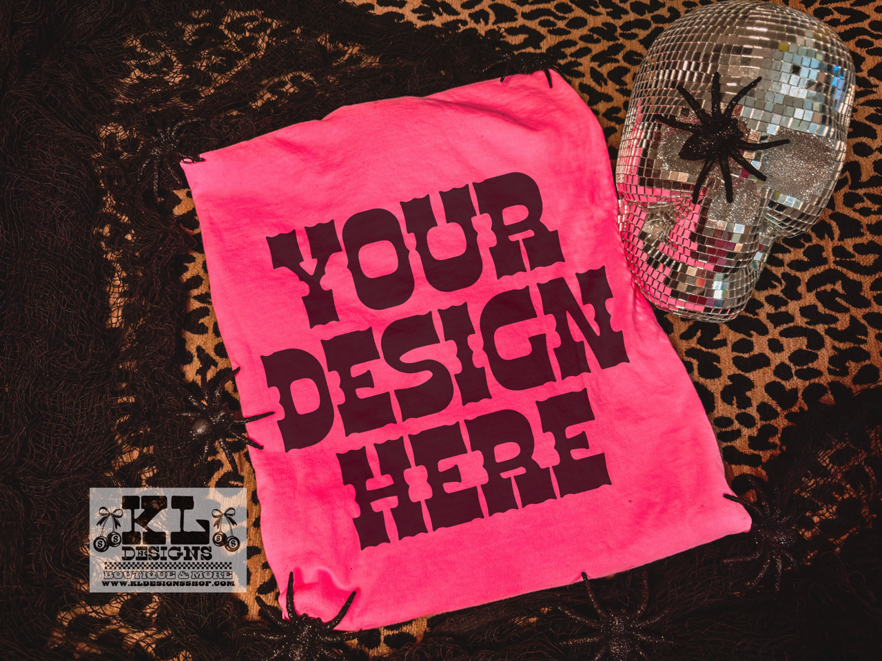 Neon Pink Tee Halloween Spooky Spiders & Leopard Mockup (digital download)