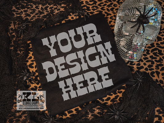 Black Tee Halloween Spooky Spiders & Leopard Mockup (digital download)