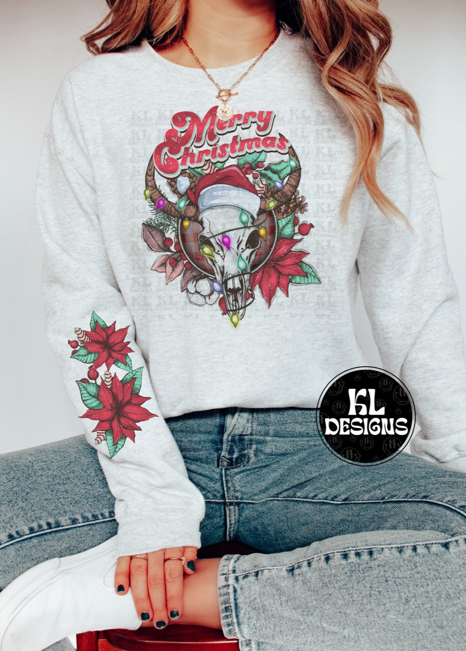 Merry Christmas Floral Bull W/ Sleeve Detail Sweatshirt