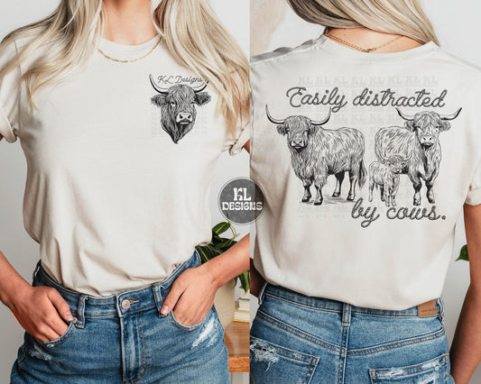 Easily Distracted By Cows | Front & Back - Adult Tee