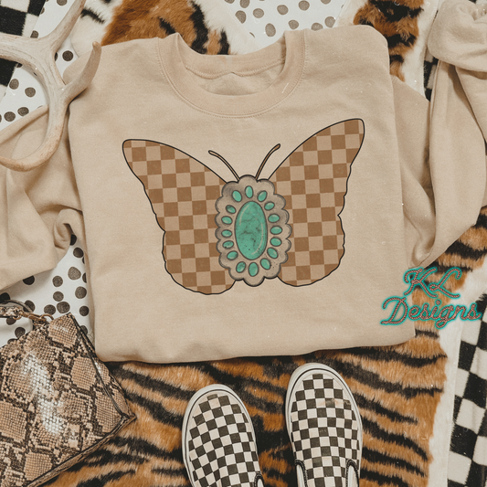 Turquoise & Tan Checkered Butterfly