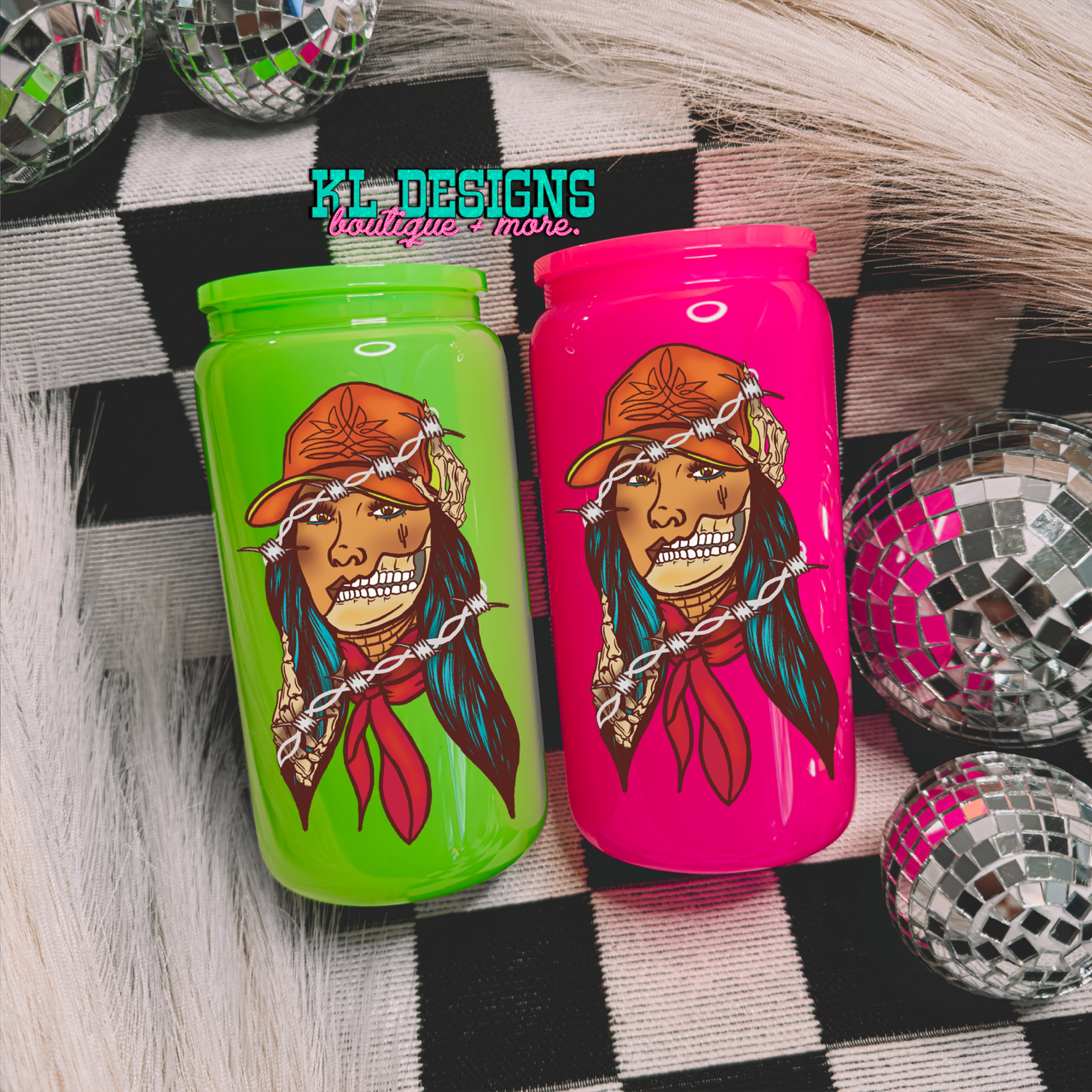 Barbed Wire Babe Neon Glass Can Tumbler