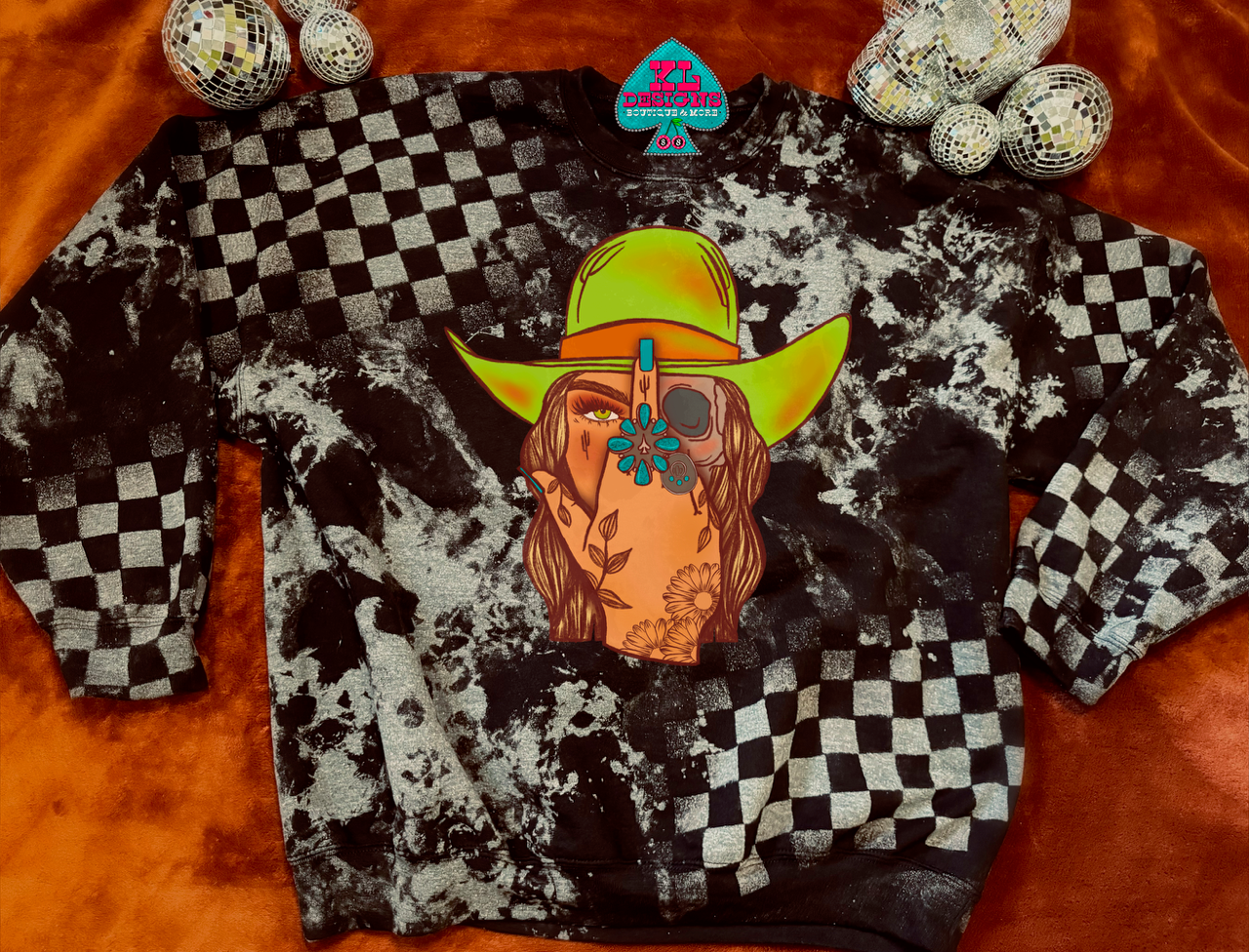 Unapologetic Cowgirl - Bleached Acid Checkered Sweatshirt