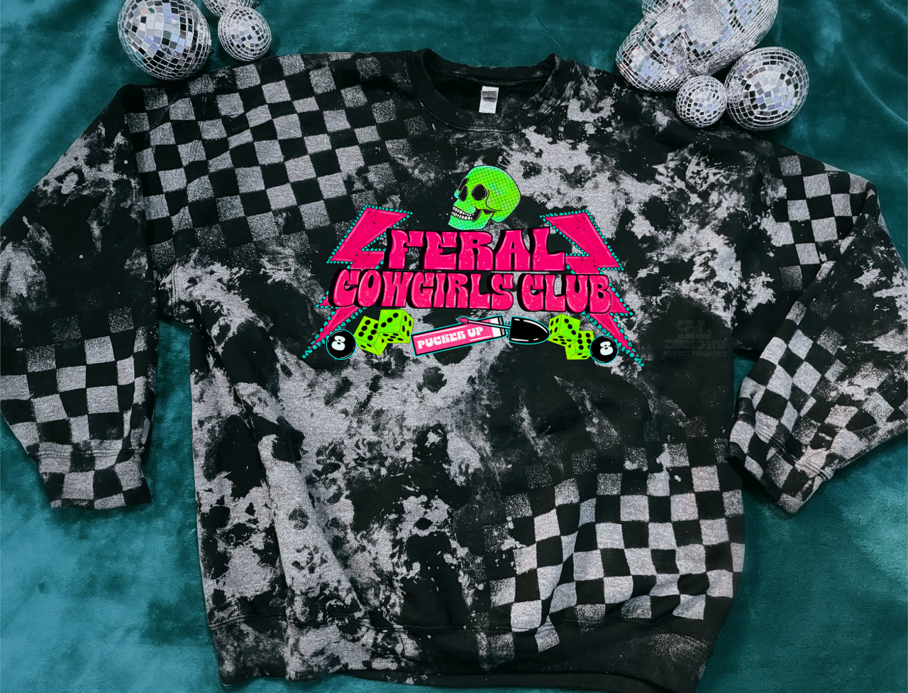 Feral Cowgirls Club - Bleached Acid Checkered Sweatshirt