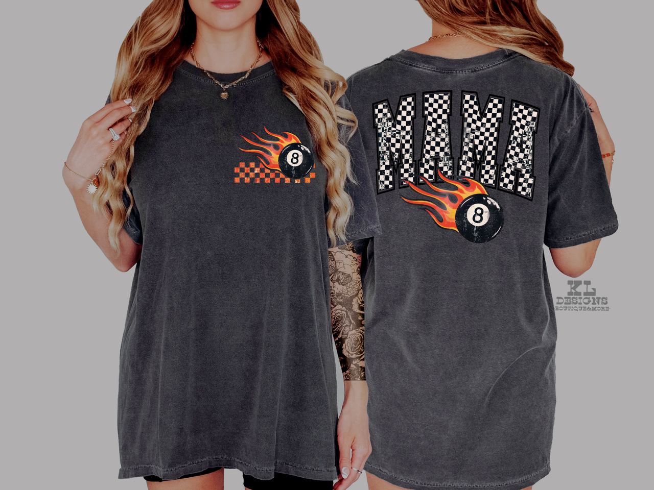 Checkered Mama Flamin’ 8 Ball (front&back)