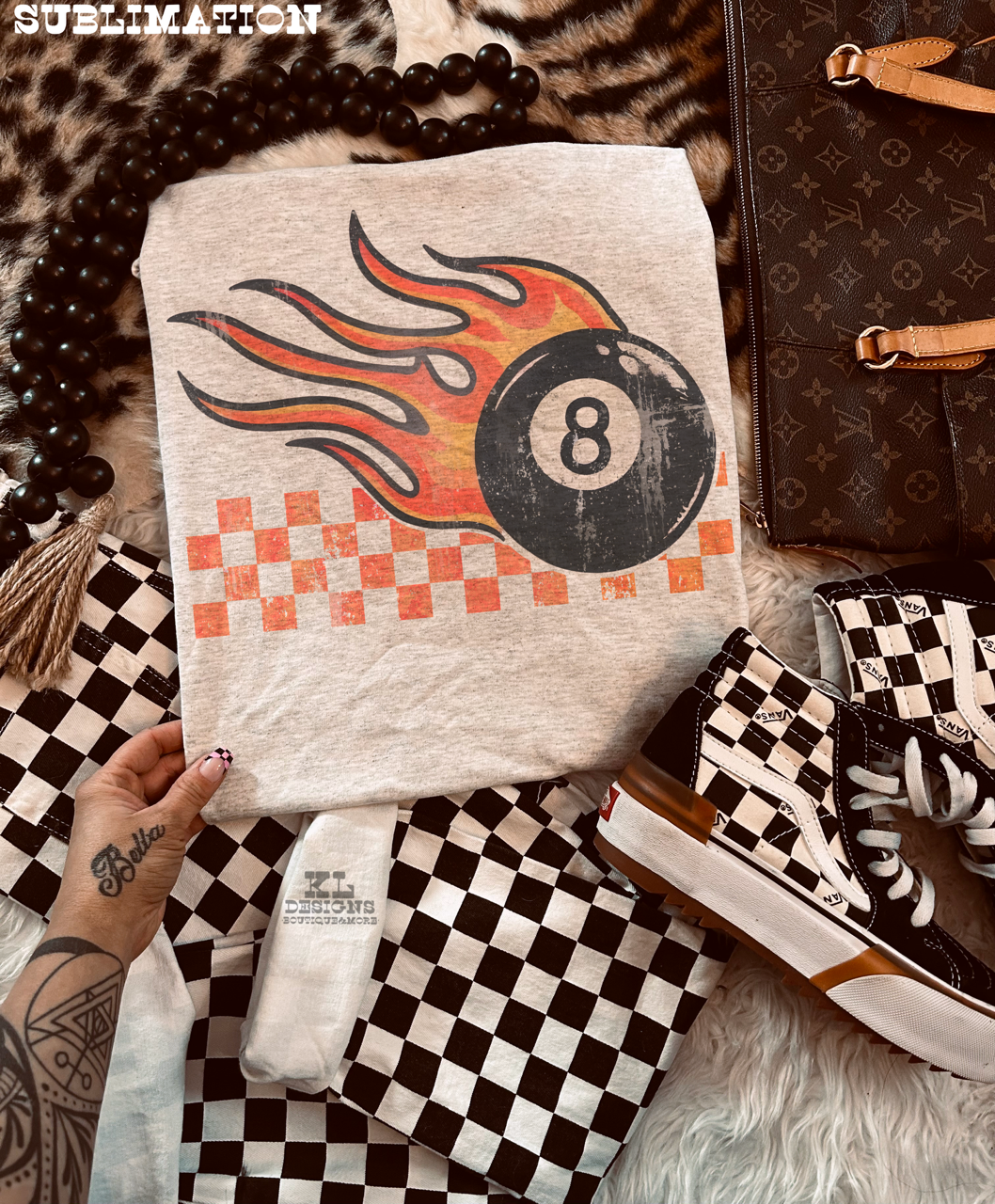 Distressed Checkers & Flames 8 Ball
