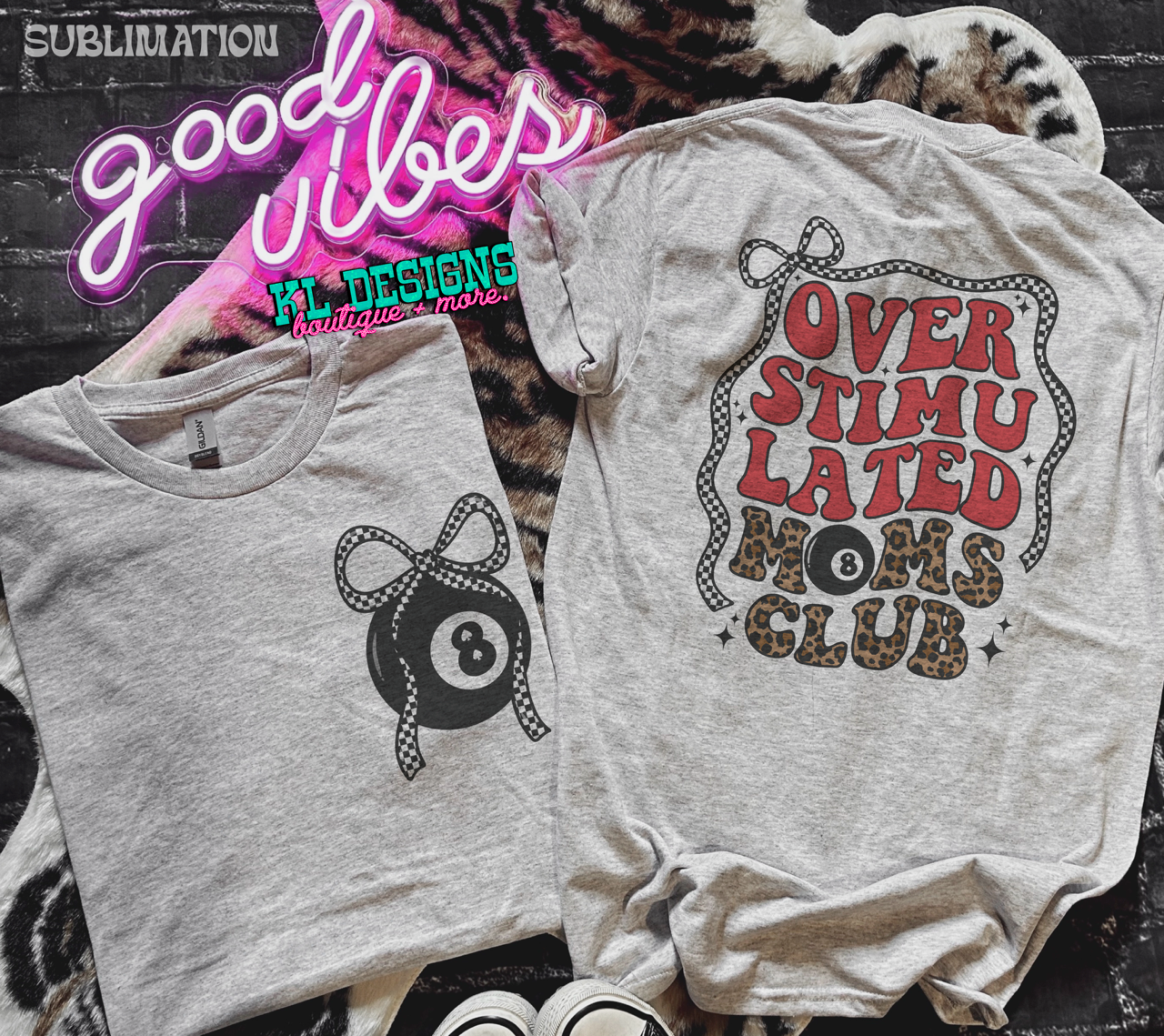 Leopard 8 Over Stimulated Moms Club - front & back (wholesale)